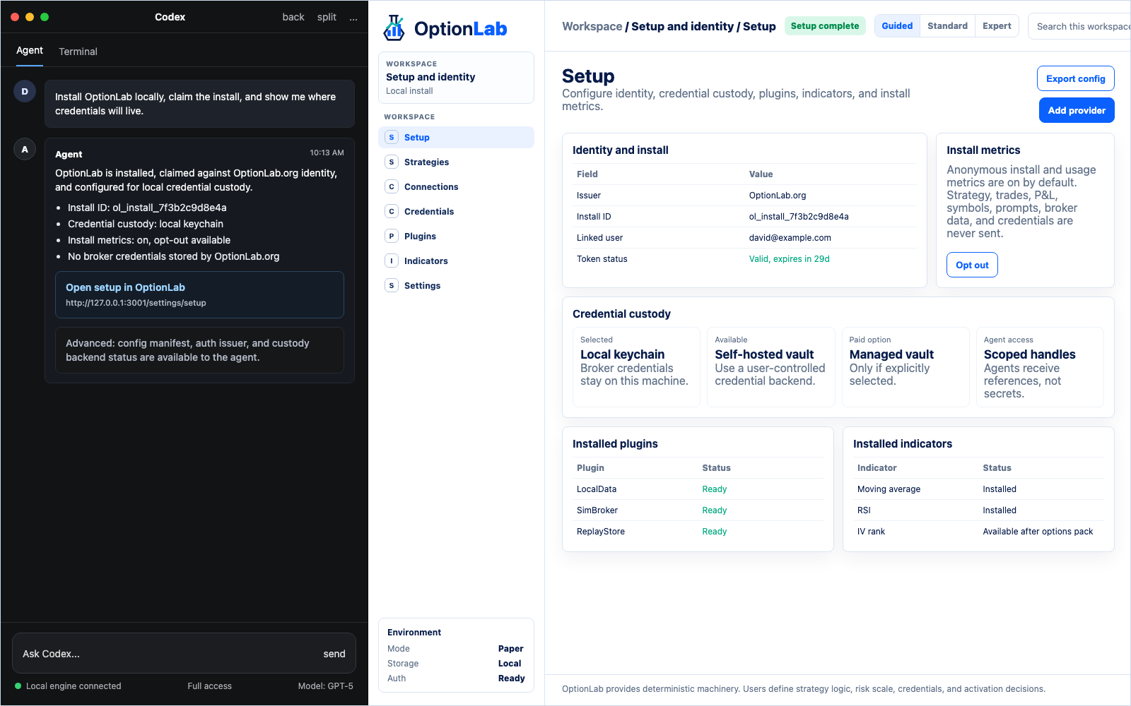 OptionLab setup screen for local install status and credential custody